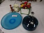 Home decor/ floral/blue glass dish