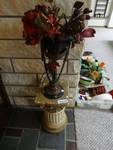 Decorative pedestal w/ metal vase & faux flowers