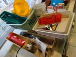 Large lot of plastic drawer organizer trays, baskets, utensils, flashlight, etc.