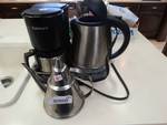 Cuisinart mini coffee maker, elecgtric coffee pot w/warmer, measuring pitchers, metal teapot.