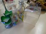 Lot of glassware, candles, tissue box, toothbrush holder, set of 5 Power Ranger plastic cups.