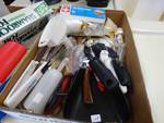 2 boxes of kitchen utensils, foil, plasic bags, matches, knives, etc.