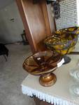 Large caged Amber glass console bowl/ Decorative pedestal bowl