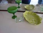 Ceramic leaf tray/  Small Tiara glass last supper tray/ Diamond point green satin pedestal candy bowl