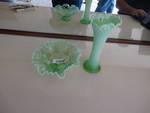 Green deppression glass ruffled pedestal candy dish & Green Deppression glass stretch vase