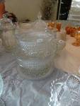 Pressed glass lidded candy dish/ pressed glass pedestal dish/ 2 pressed glass platters