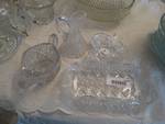 4 pieces of pressed glass- sugar bowl, 2 candy dishes, cruet