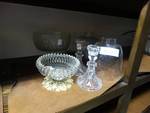 2 pedestal bowls/ pair of glass candle sticks/ 2 candle globes