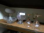2 candy dishes/ rose vase/ 5 pieces of pink stemware