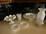 Large lot of milk glass dishes/ 2 pedestal bowls/ painted glass vase