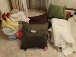 Lot of decorative pillows, doilies, throws