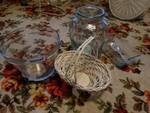 2 lg glass vases/wicker basket/2 pcs glass cookware