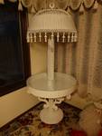 Large wicker floor lamp/table w/glass top & wicker shade
