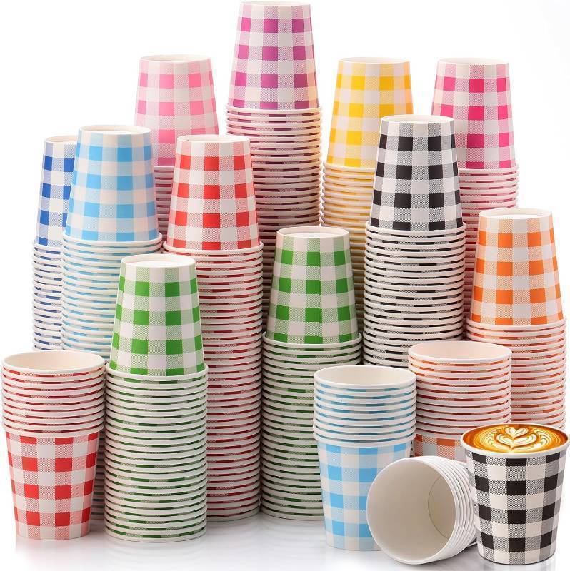lot 9185108 image: Zeyune 500 Pack 8 oz Coffee Cups Bulk Disposable Paper Cups Buffalo Plaid Cups for HotCold Coffee Water Tea Chocolate Multicolor Drinking Cups for Home Office School Store Party Picnic