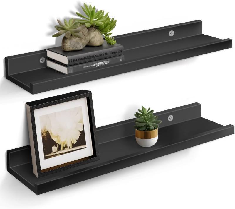 lot 380100 image: MIRROTOWEL 24�� Floating Shelves for Wall D�cor Storage, Set of 2, Wood for Bedroom, Living Room, Bathroom, Kitchen, Picture Ledge and Farmhouse��Black��