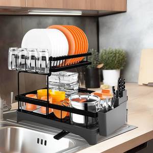 lot 340095 image: Astoryou Dish Drying Rack, 2 Tier Dish Racks for Kitchen Counter, Rust-Resistant Kitchen Drying Rack Dish Drainers with Drainboard,Utensil Holder and Cutting Board Holder, Black