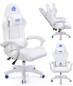 lot 340100 image: Retails $150 Sonic the Hedgehog Gaming Chair - Premium PU Leather, Reclining Armrest, Class 4 Gaslift, Adjustable 90-135 Degrees, Stylish Design for Adults and Teens, 260 Lbs Capacity, Blue-White Caster
