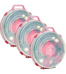 lot 340106 image: HOMZ Set of 3 Holiday Wreath Plastic Storage Containers, Holds Up to 24�� Diameter, Secure Latching Lid and Easy Grip Handle, Stackable, RedClear