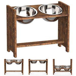 lot 340113 image: Vantic Elevated Dog Bowls - Adjustable Raised Dog Bowls for Large and X-Large Dogs, Durable Rustic Brown Particle Board Dog Food Bowl Stand with 2 Stainless Steel Bowls and Non-Slip Feet