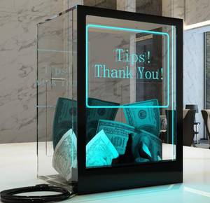 lot 340115 image: HEMYLU Tip Jar with 2 Sign Holders, LED Light & Lock for Bar & Party, Donation Box with Sign Holder Tips Thank You, Suggestion Box with DIY Blank Sign Holder for Getting Cards, Voting & Ballots