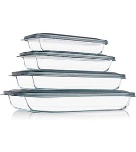 lot 440111 image: KOMUEE 8 Pieces Glass Baking Dish with Lids Rectangular Glass Baking Pan Bakeware Set with BPA Free Lids, Baking Pans for Lasagna, Leftovers, Cooking, Kitchen, Fridge-to-Oven, Gray