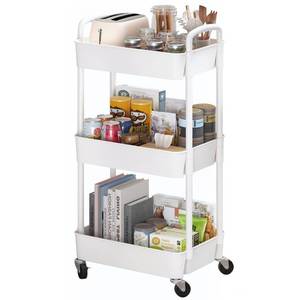 lot 440118 image: Sywhitta 3-Tier Plastic Rolling Utility Cart with Handle, Multi-Functional Storage Trolley for Office, Living Room, Kitchen, Movable Storage Organizer with Wheels, White