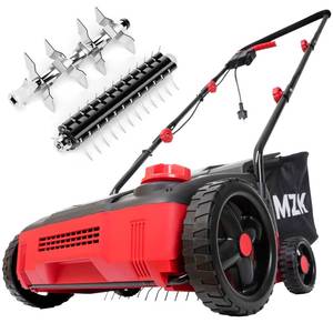 lot 240111 image: Retails $170 MZK 13-inch 12-Amp 2-in-1 Electric Dethatcher and Scarifier wRemoveable 8-Gallon Collection Bag, 4-Position Height Adjustment, Keep Lawn Health