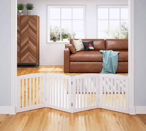lot 240119 image: PAWLAND Wooden Freestanding Foldable Pet Gate for Dogs, 24 inch 4 Panels Step Over Fence, Dog Gate for The House, Doorway, Stairs, Extra Wide (White, 24 Height-4 Panels)