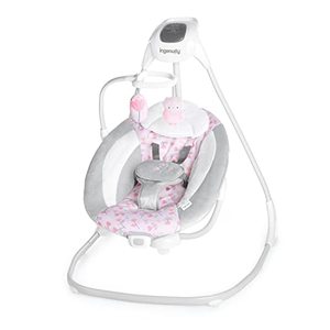 lot 230068 image: $$ Ingenuity SimpleComfort Lightweight Compact 6-Speed Multi-Direction Baby Swing, Vibrations & Nature Sounds, 0-9 Months 6-20 lbs (Pink Cassidy)