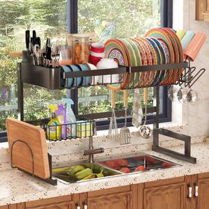 lot 230073 image: ilvvan Over Sink Dish Drying Rack (Expandable HeightLength) Snap-On Design Large Dish Drainer Stainless Steel Storage Counter Organizer (24 - 35.5(L) x 12(W) x 19 - 22(H))