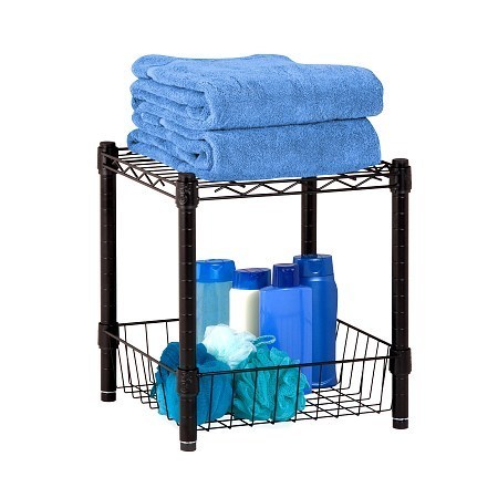 lot 1929 image: Honey-Can-Do SHF-02216 Commercial Steel Stackable Shelving Table with Basket, Black, 14x15x16