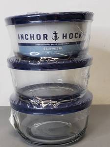lot 2 image: Anchor Hocking NIP (3) two cup glass bowls wlids