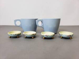 lot 10 image: Vintage Boonton Melamine Coffee Cups (2) and Individual Hand Painted Dipping Sauce Dishes (4)