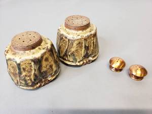 lot 14 image: Pottery and Miniature Copper Salt and Pepper Shakers