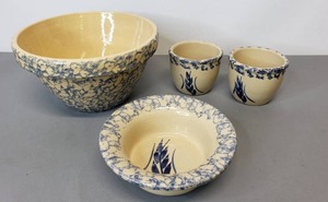 lot 21 image: Unmarked Bowl and Roseville Crocks and Bowl