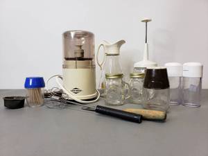 lot 24 image: WestBend 1cup Processor appears New, Vintage Syrup Dispenser, Pop Open Spice Jars and other Kitchenware
