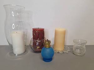 lot 105 image: Candle Holders and Vintage 4 Kerosene Lamp Frosted Blue Glass