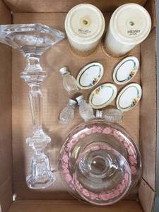 lot 414 image: Mikasa Salt and Pepper Shakers, Exquisite 10 Candlestick, (4) Place Setting SaltPepper Shakers, (4) Noritake Salt Dishes, Pink Flower Print Dessert Saucers with (1) Fruit Dish