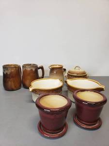 lot 419 image: Mikasa Natures Song (2) Pour Bowls, Creamer and Sugar Bowl. (2) Hand Thrown Coffee Mugs, and (2) Glazed Pottery Miniature Flower Pots