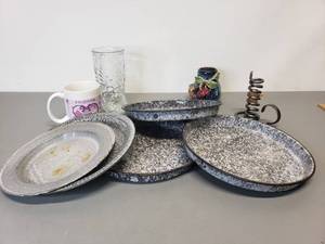 lot 434 image: Enameled Tin Plates, Candlestick, Pottery Vase
