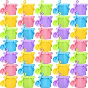 lot 1792 image: Lenwen 70 Pcs Sand Buckets and Shovels for Kids Bulk, 5.5 Inch Beach Bucket with Vertical Striped Design Beach Pail Small Plastic Buckets with Handles for Summer Birthday Party Favor, 6 Assorted Color