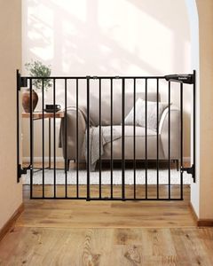 lot 1813 image: Babelio 27-45 in No Bottom Bar Baby Gate with Easy Installation, 2-in-1 Auto Close Design, Suitable for The House, Stairs, and Doorways, Safety Pet Gates with Large Walk-Thru Door, Black.