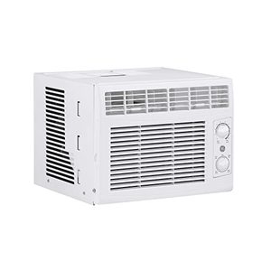 lot 1818 image: GE Window Air Conditioner Unit, 5,000 BTU for Small Rooms up to 150 sq ft. with Manual Adjustable Fan and Cooling Settings, Perfect for Small Bedroom or Living Room, Easy Install Kit Included, White. (Dented). (Fan Doesnt Spin)