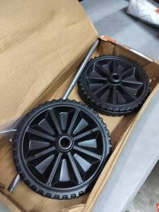 lot 1874 image: Set Of 2 Plastic Wheels With Hardware 9 34In Diameter