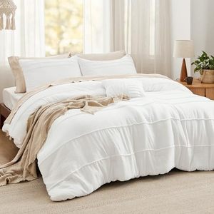 lot 1916 image: Bedsure White California King Comforter Set - 4 Pieces Pinch Pleated Bed Set, Down Alternative Bedding Sets for All Season, Includes 1 Comforter, 2 Pillowcases, and 1 Decorative Pillow