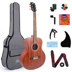 lot 1919 image: Acoustic Classical Guitar for Beginners, AKLOT 38 Inch Mahogany Folk Guitarra Travel Professional 34 Kit with Gig Bag, Strap, Tuner, String, Cloth, Picks, String Winder, Capo, Strap Block, Pickguard