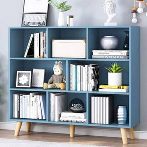 lot 1927 image: IOTXY Wooden Open Shelf Bookcase - 3-Tier Floorstanding Display Cabinet Rack with Legs, 8 Cubes Free Standing Bookshelf, Bright Blue