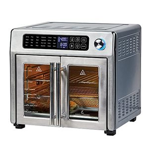 lot 1932 image: Emeril Lagasse 26 QT Extra Large Air Fryer, Convection Toaster Oven with French Doors, Stainless Steel. (Slight Dent On Back Corner)