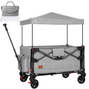 lot 2648 image: EVER ADVANCED Foldable into Bag Travel Wagon Stroller for 2 Kids & Cargo, Collapsible Toddler Wagon with Removable Canopy, Adjustable 5-Point Harness, Lightweight Carry-on Stroller for Airplane Gray