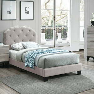 lot 4726 image: Poundex Twin Size Burlap Fabric Upholstered Platform Bed Frame with Slats in Light Brown - Retail $164.56